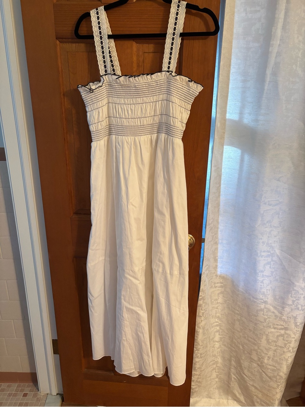 STATE White Maxi Dress with Navy Smocked Stripes